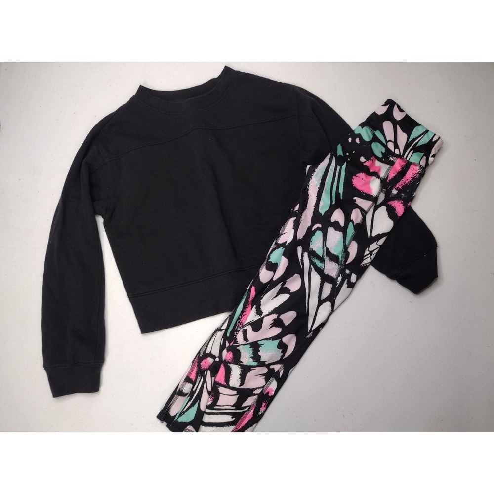 Athletic Works Girls Black Sweatshirt and Butterfly Print Leggings Set Size 6-6X
